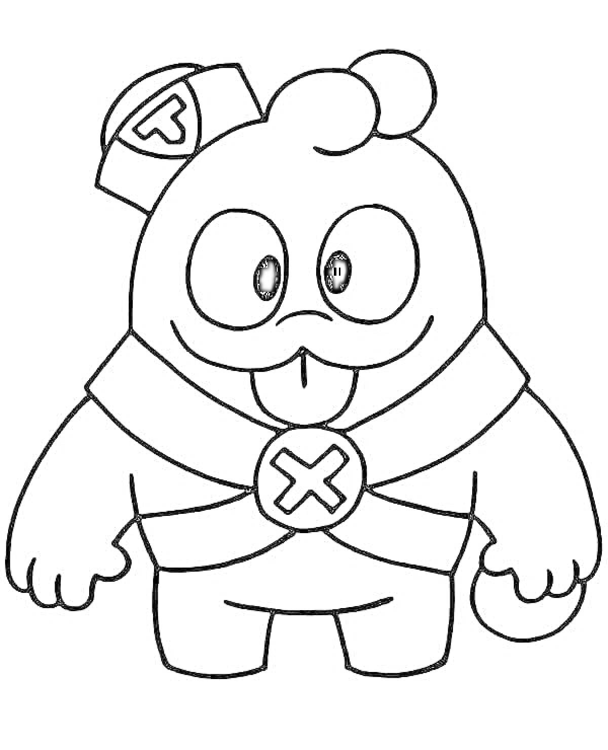 Раскраска Сквик из Бравл Старс с усами, головным убором, ремнями с пряжкой и мечом