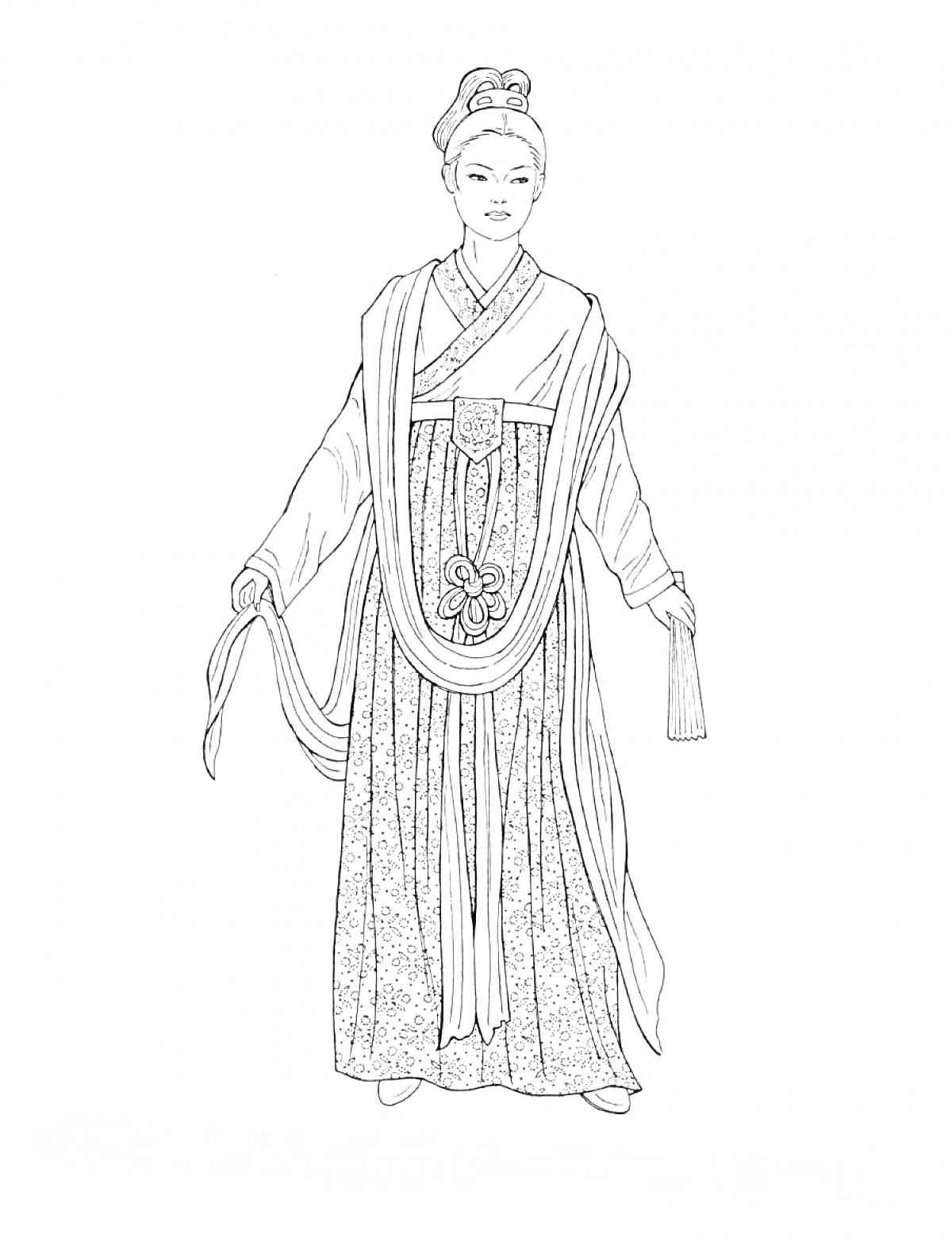 На раскраске изображено: Китайская одежда, Традиционное платье, Длинные рукава, Пояс, Украшения для волос, Платье, Костюм