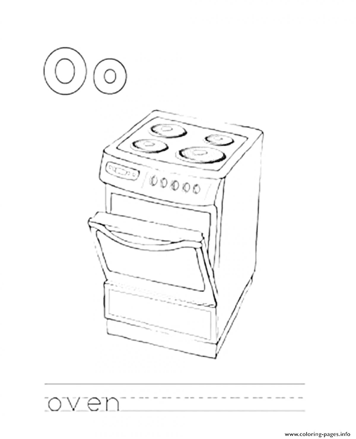 Раскраска Газовая плита с электроконфорками, открытой духовкой, кнопками управления и буквой O