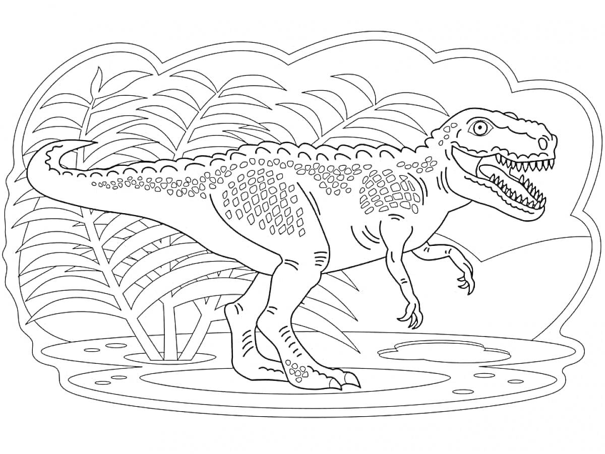 Раскраска Тираннозавр в джунглях с растительностью на заднем плане.