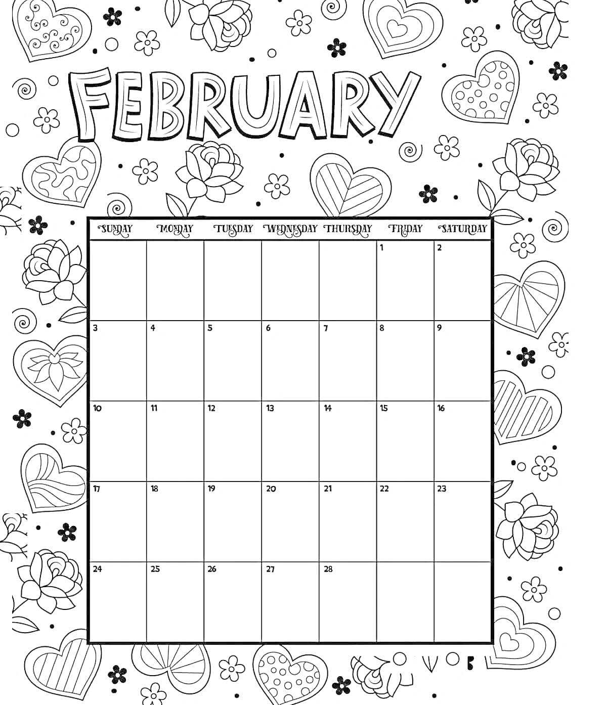 На раскраске изображено: Февраль, Календарь, Розы, Сердца, Цветы