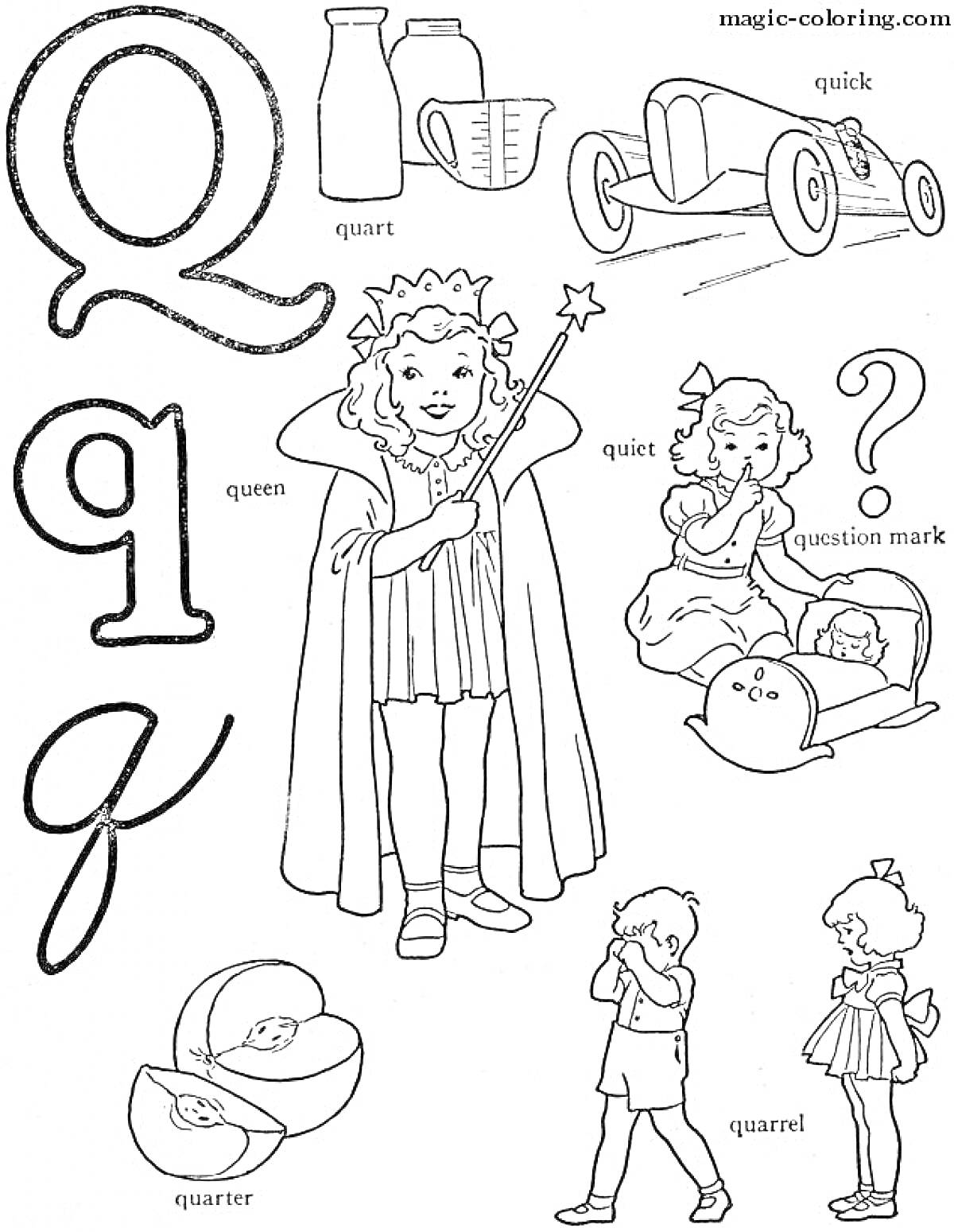 Раскраска Английский алфавит - буква Q: кварта, быстрая машина, королева, тихонький, знак вопроса, четвертак, ссора
