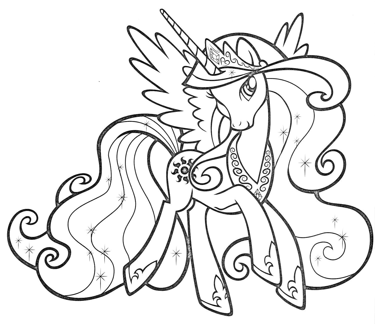 Раскраска Единорог с крыльями, длинной гривой и хвостом, с узорами в виде сердец и цветов