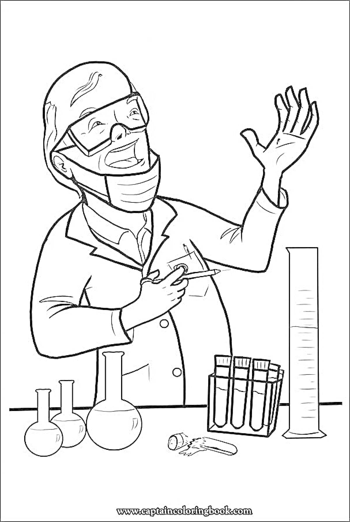 Раскраска Ученый с пробирками и колбами в лаборатории