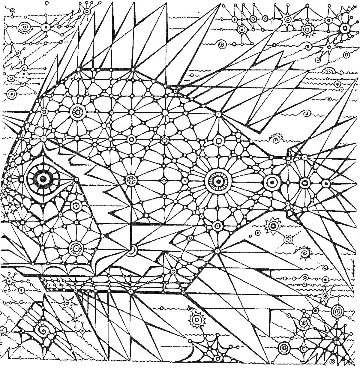На раскраске изображено: Рыба, Узоры, Геометрические фигуры, Морские элементы, Психология, Расслабление, Творчество