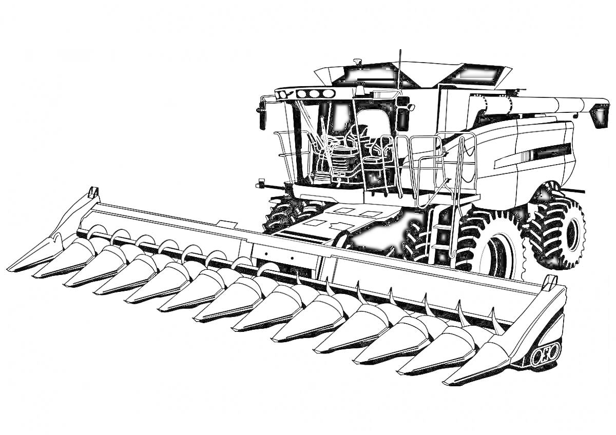 На раскраске изображено: Комбайн, Жатка, Большие колеса, Фермерская техника, Контурные рисунки