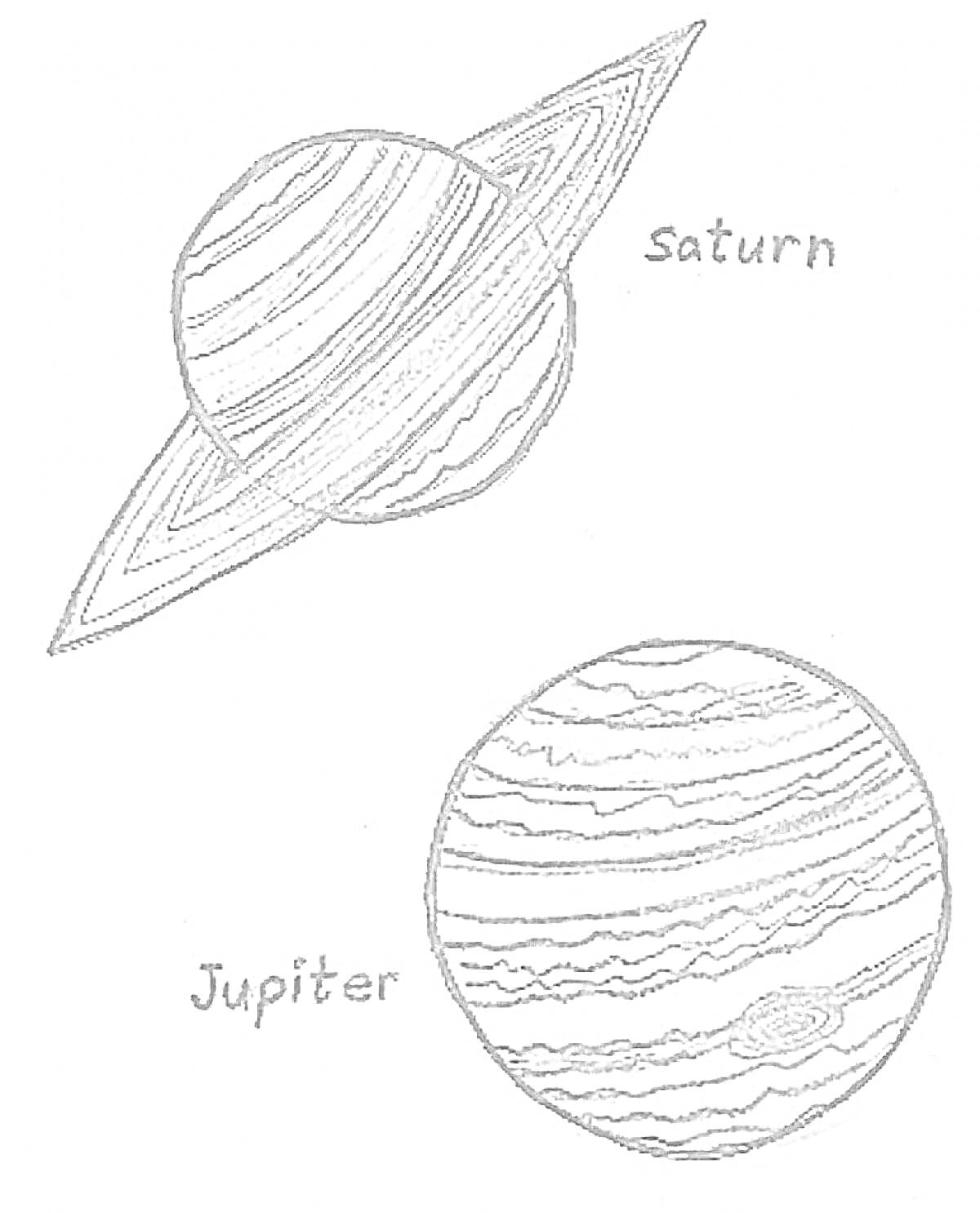 Раскраска Изображение планет Юпитер и Сатурн с подписями