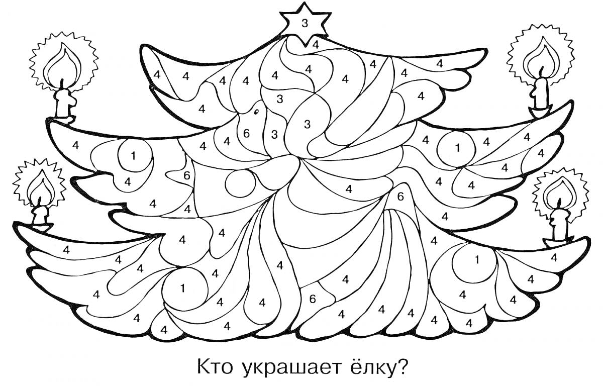 На раскраске изображено: Новогодняя елка, Свечи, Цифры, Елочные украшения