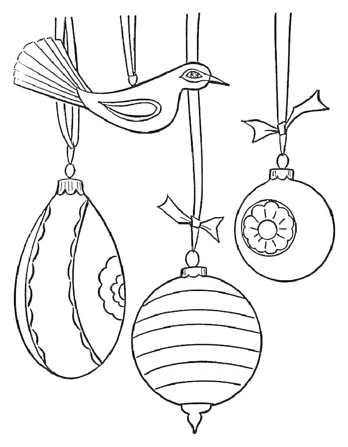 Раскраска Птица и три новогодние игрушки (каплевидная, круглая с цветочным узором, круглая с полосами)