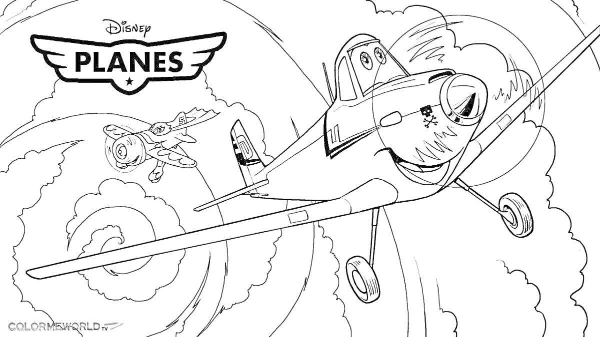 Раскраска Самолёты в небе с облаками и вихрем (Planes Disney)