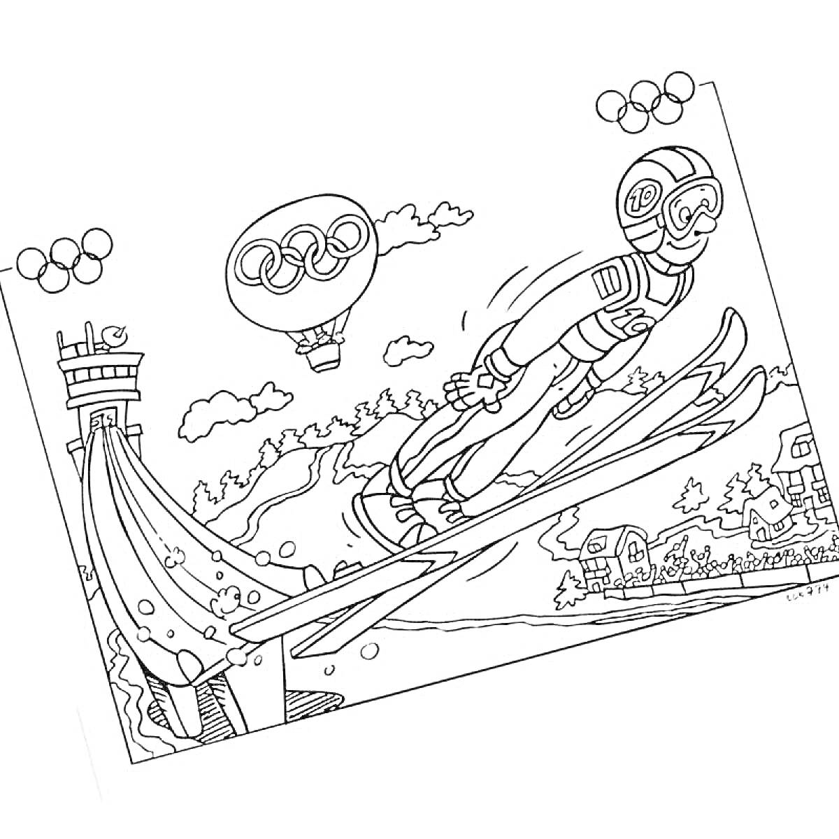 Раскраска Прыжки с трамплина - лыжник в шлеме прыгает с трамплина, воздушный шар с олимпийскими кольцами, зимний пейзаж с домами и деревьями на заднем плане