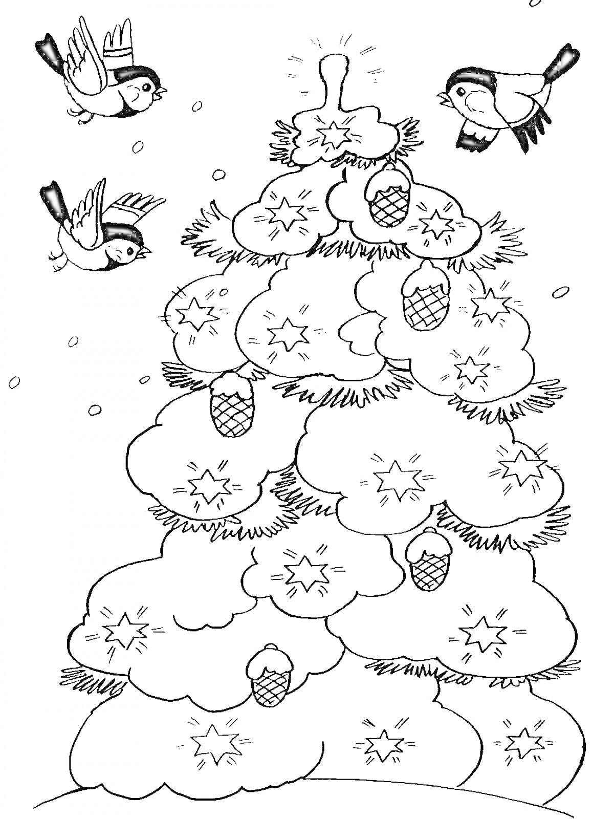 Раскраска Новогодняя ёлка со снежинками, шишками и птицами