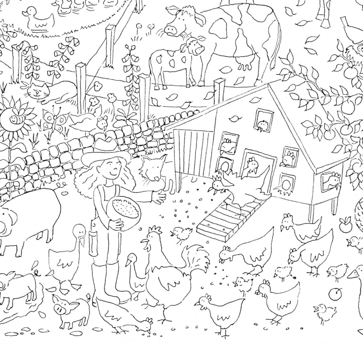 Раскраска Ферма с коровами, курицами, гусями, козами и свиньями