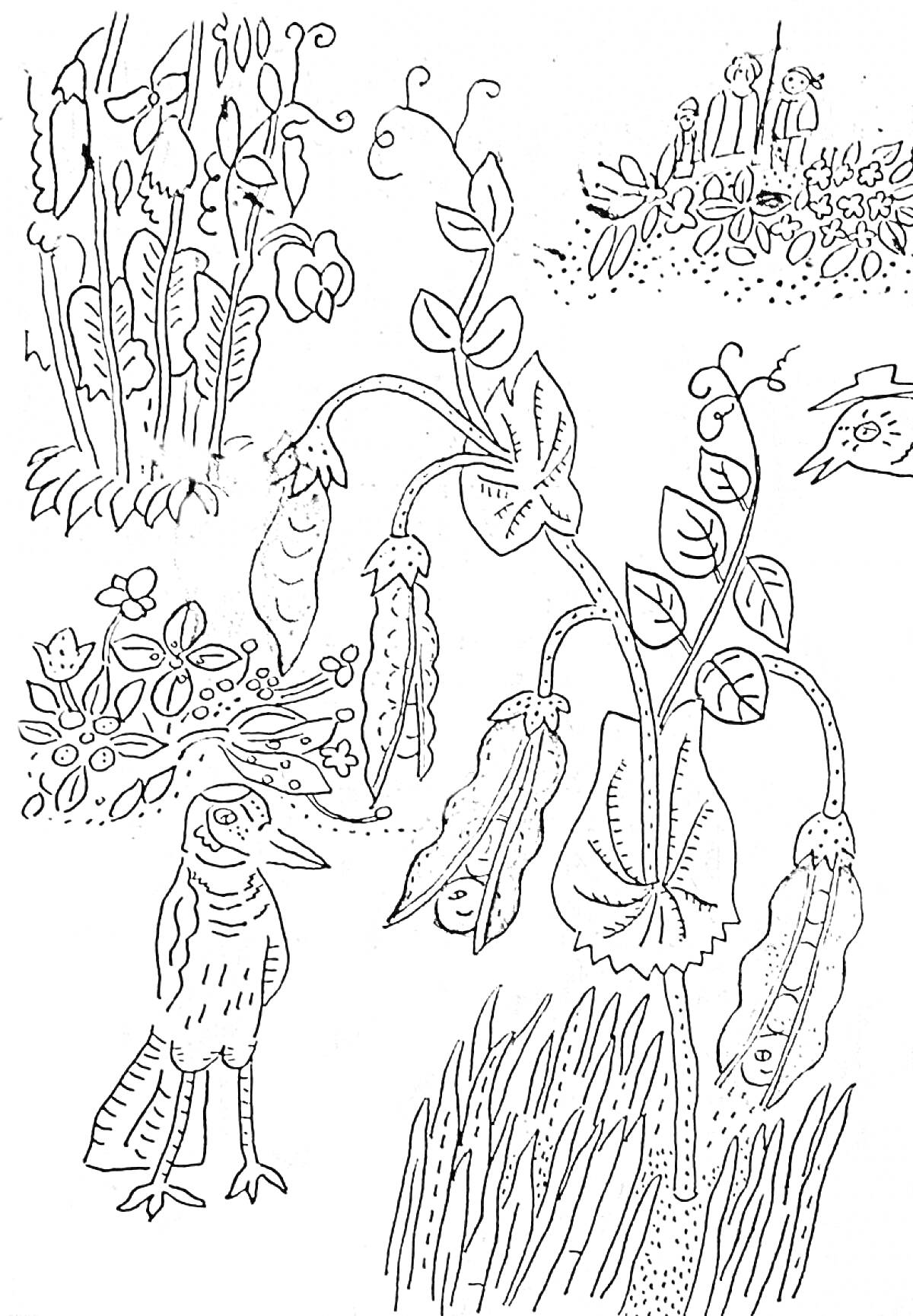 Раскраска Стручки гороха и птица в саду с цветами и растениями