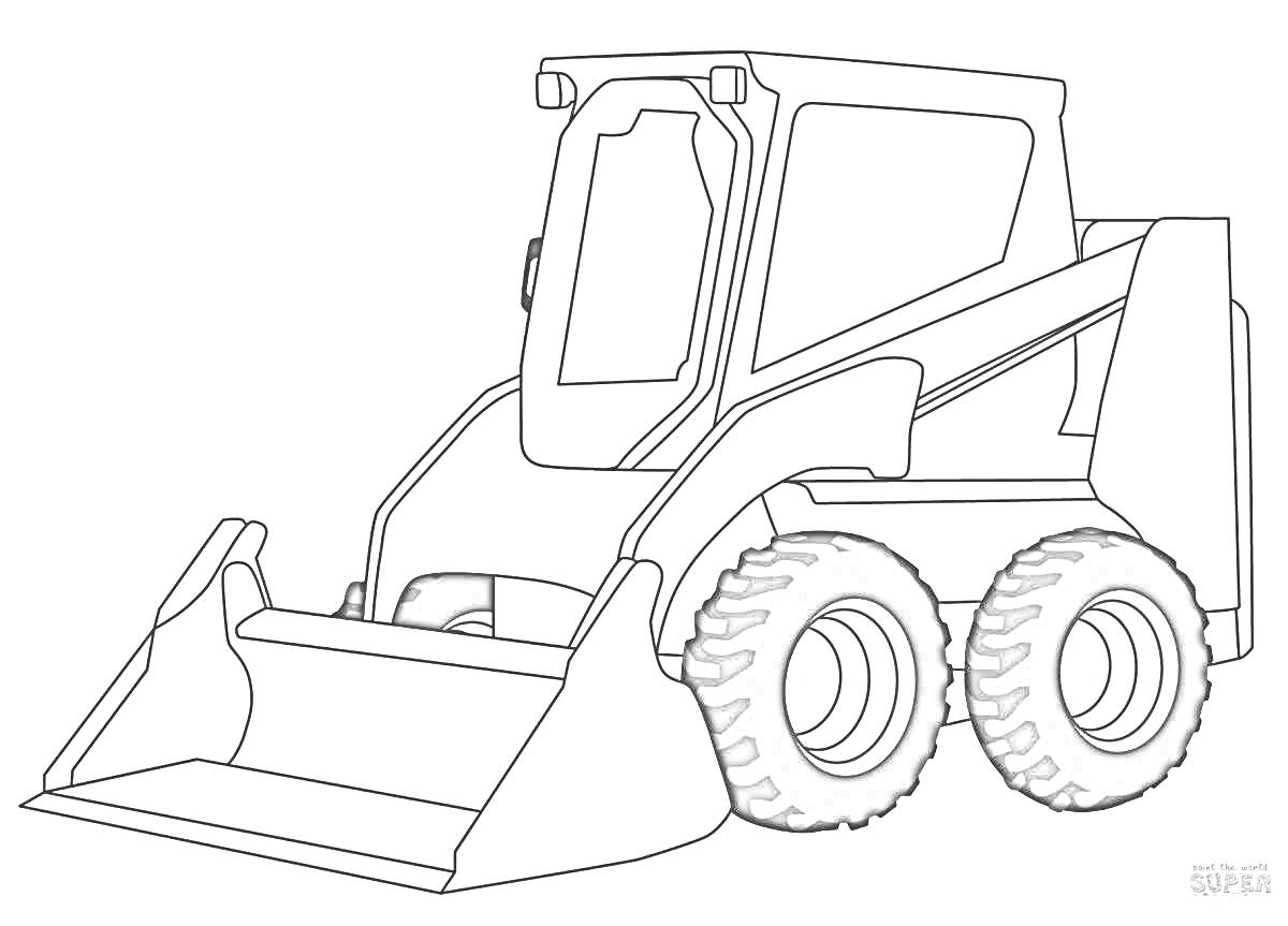 Раскраска Фронтальный погрузчик с кабиной, ковшом и большими колёсами