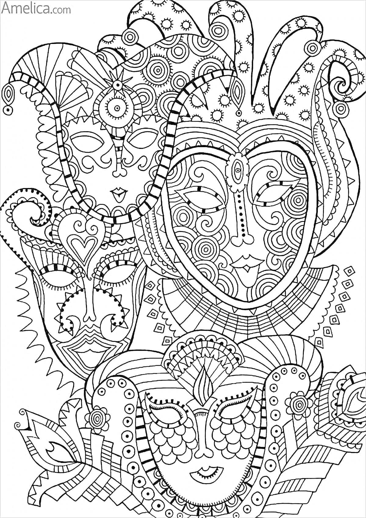 Раскраска Маскарадные маски с декоративными элементами и узорами.