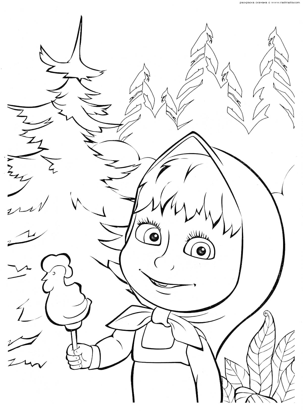 Раскраска Девочка в платочке с мороженым, лесной пейзаж, еловые деревья, кустарники.