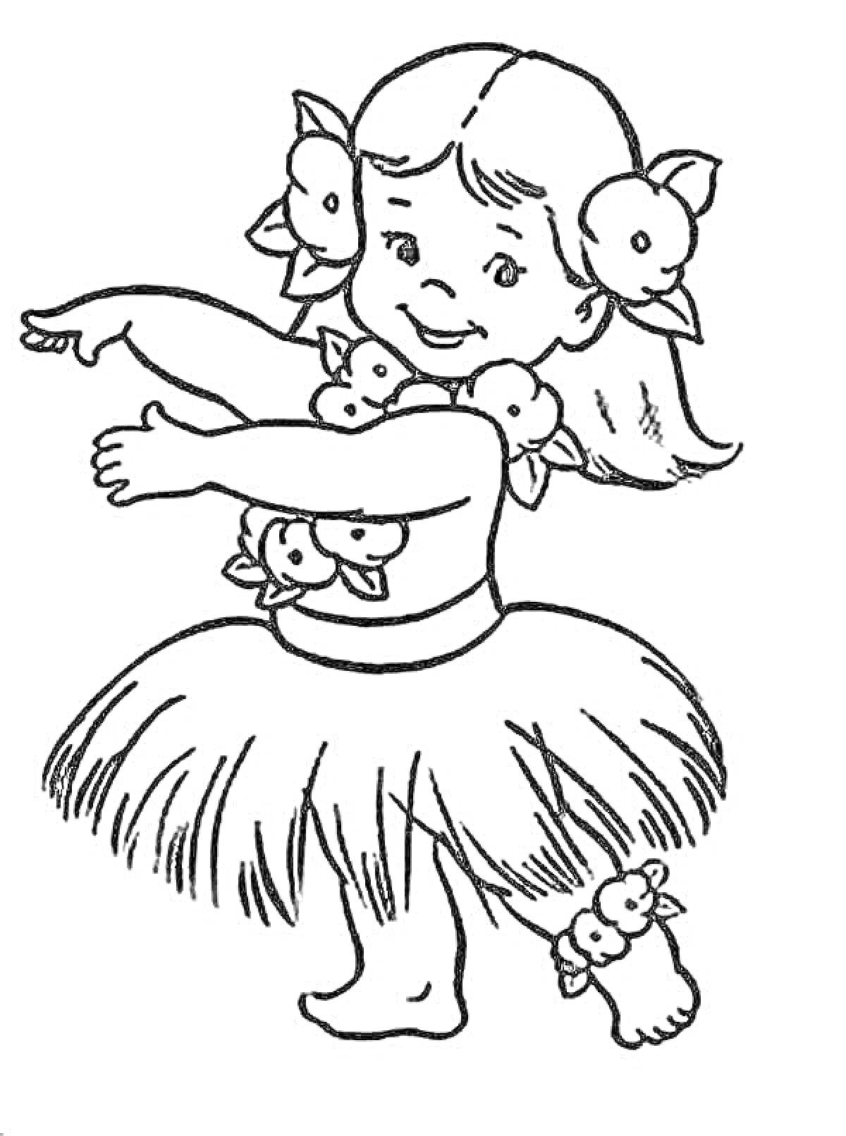 Раскраска Девочка танцует в юбке из травы с цветами в волосах и на теле