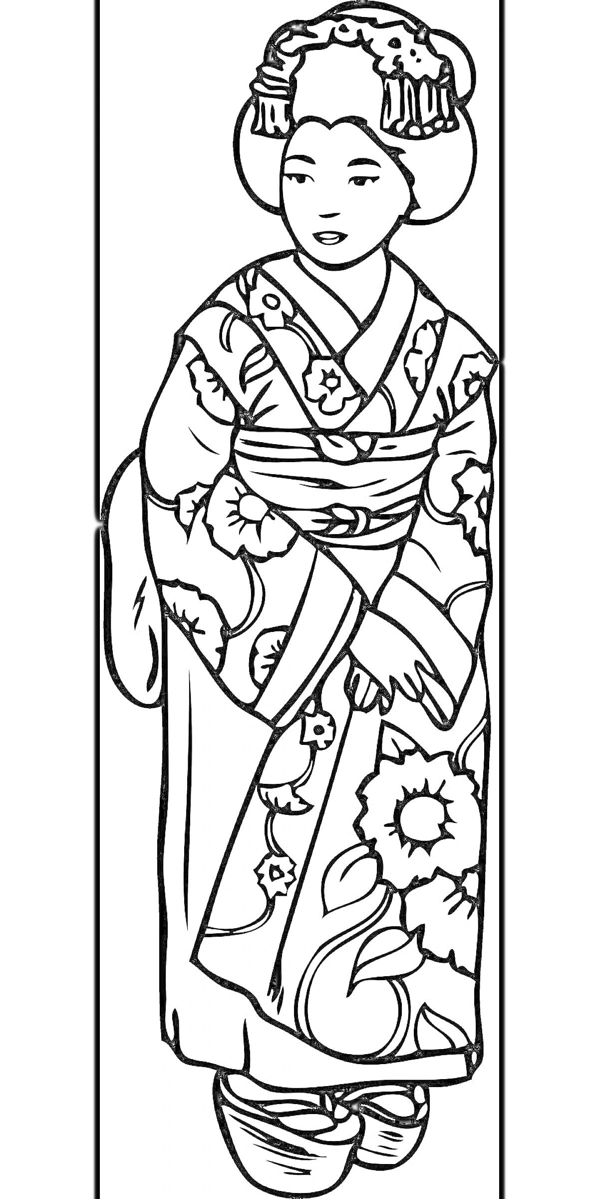 На раскраске изображено: Кимоно, Традиционная одежда, Япония, Цветы, Орнамент, Женщина