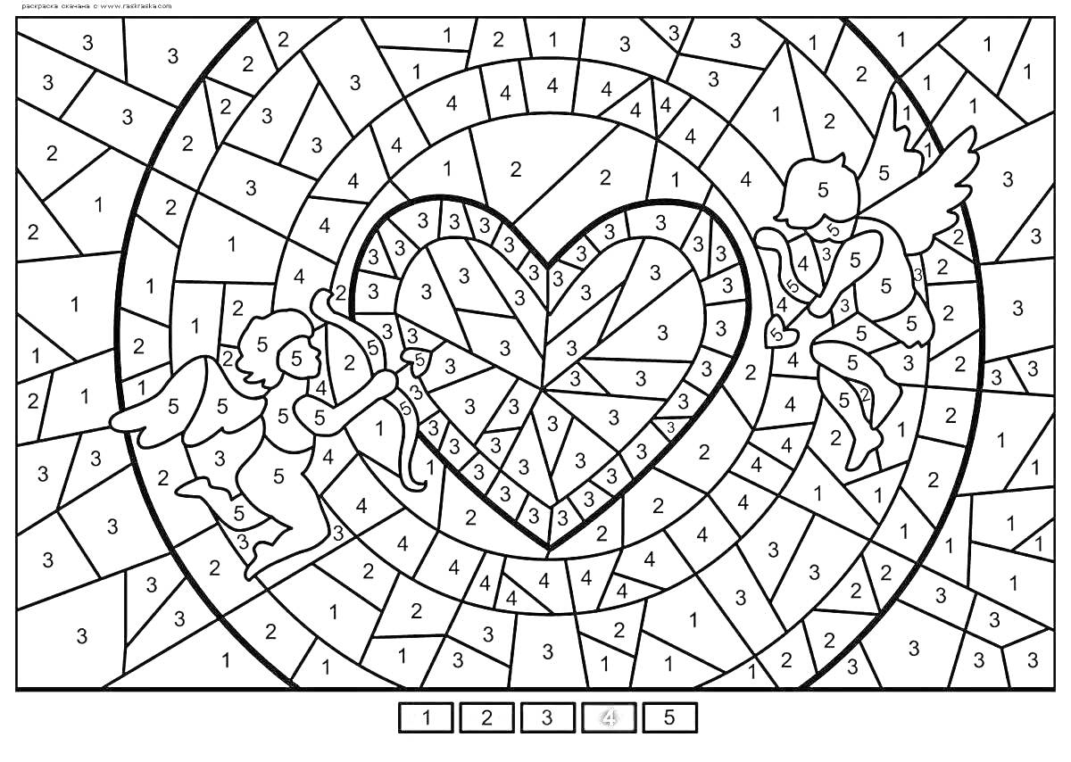 Раскраска по номерам с сердцем и ангелами на фоне круговых узоров
