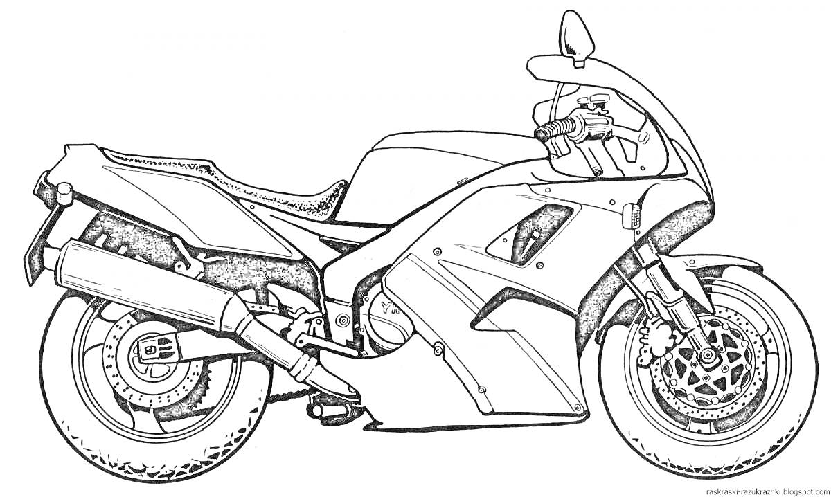 На раскраске изображено: Гоночный мотоцикл, Рама, Колёса, Руль, Зеркало, Транспорт, Скорость