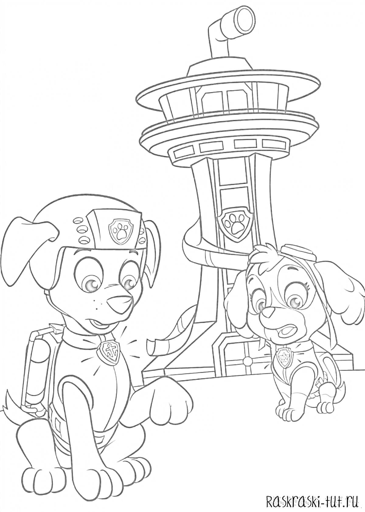 Раскраска Два щенка из щенячьего патруля и штаб-квартира