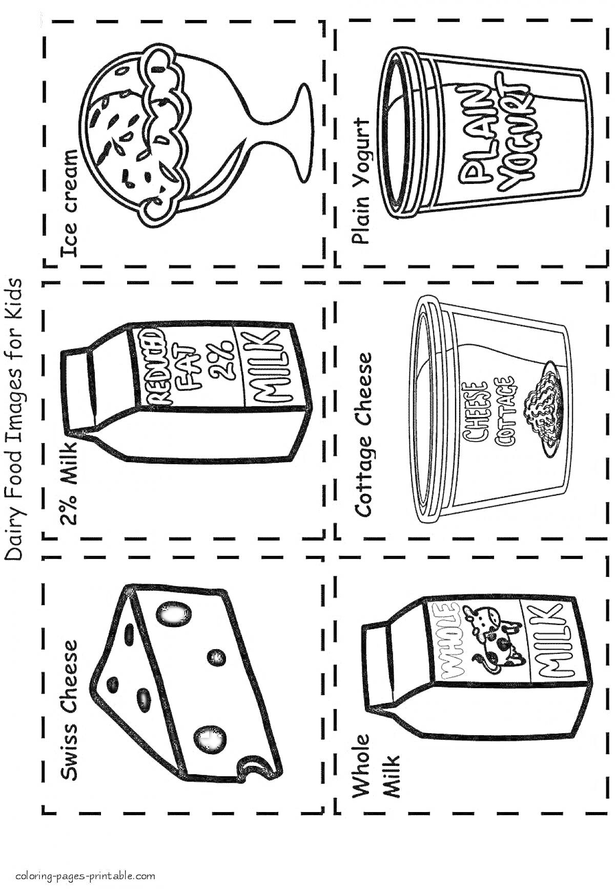 Раскраска мороженое, йогурт, молоко 2%, творог, сыр, цельное молоко