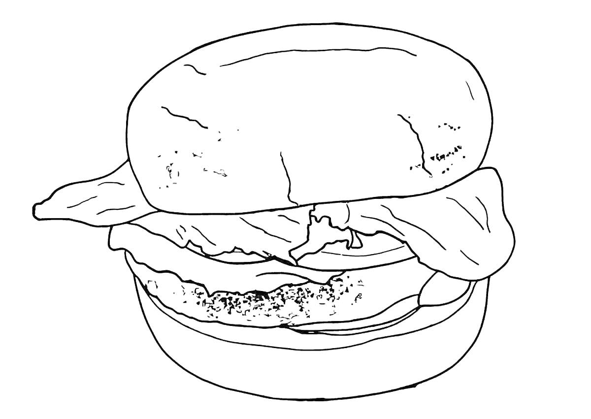 На раскраске изображено: Гамбургер, Булочка, Салат, Котлета, Еда, Фаст-фуд