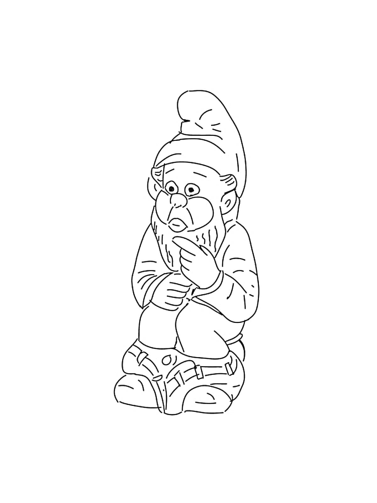 Раскраска Гномик в колпаке и с бородой, сидящий на земле, держащий пальцы у рта