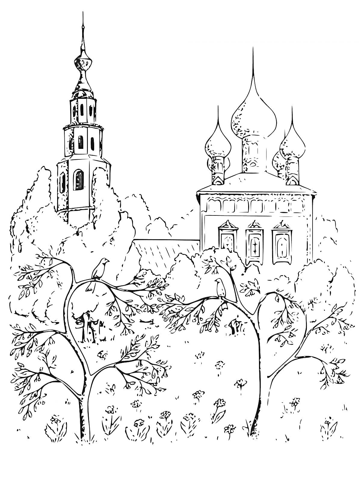Церковь с куполами, колокольней и деревьями на переднем плане