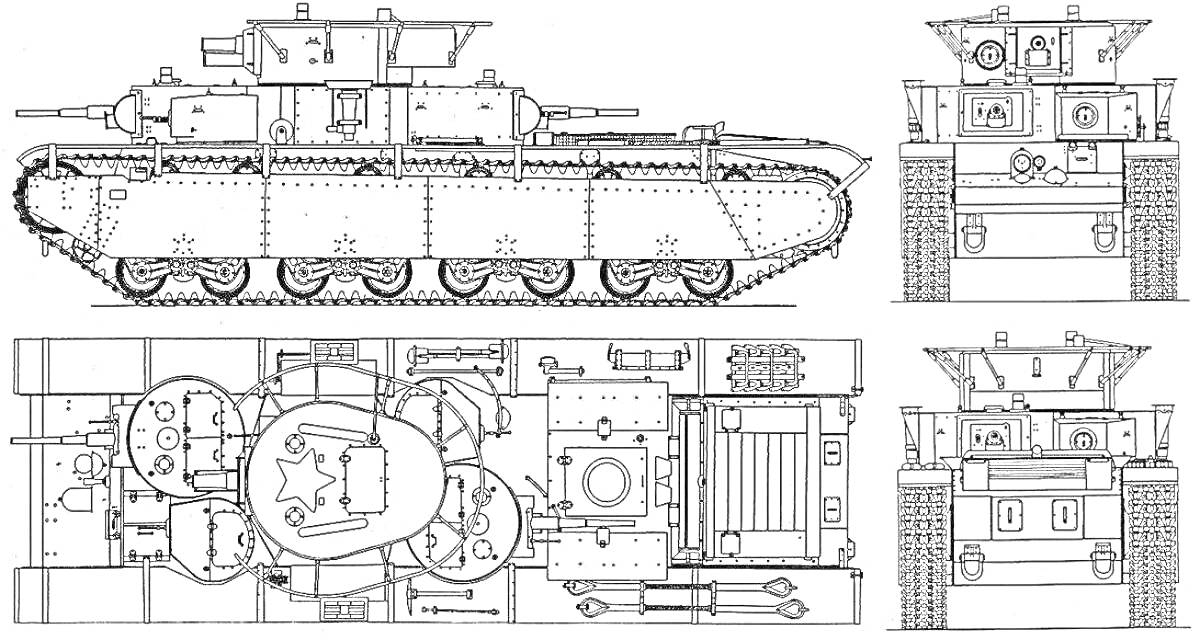 На раскраске изображено: Танк, Т-35, Военная техника, Бронетехника, Схема