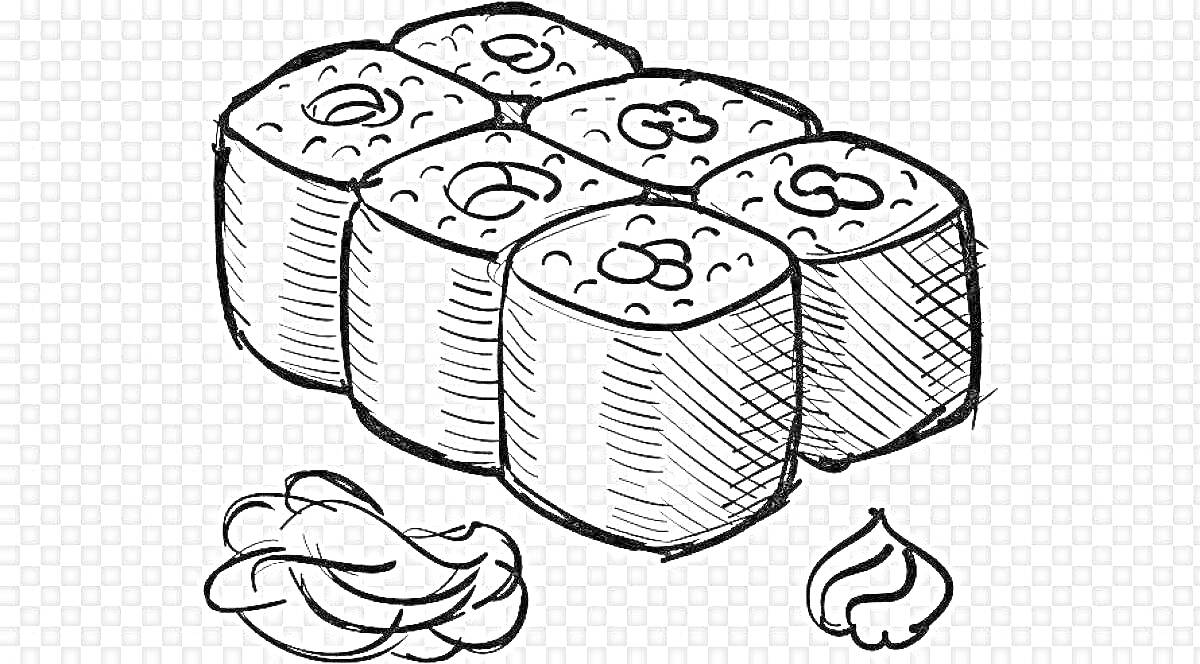 Раскраска Роллы с кусочками начинки, соевый соус и васаби