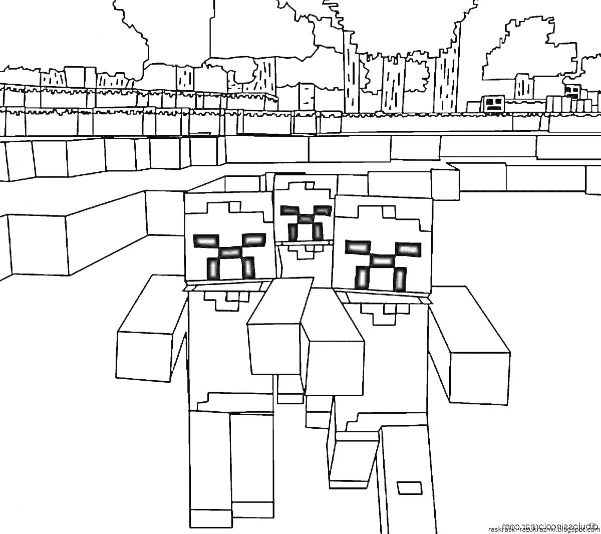 Три мутанта-зомби из Minecraft на фоне игрового пейзажа с деревьями и постройками