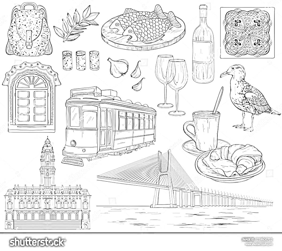 Раскраска Коллаж Португалия: традиционная керамика, оливковая ветка, рыба гриль на деревянной тарелке, две плитки, вино в бутылке и бокалы, плитка азулежу, арочное окно, чеснок, традиционный трамвай, чай с круассанами, мост, башня, здание с башней, чайка