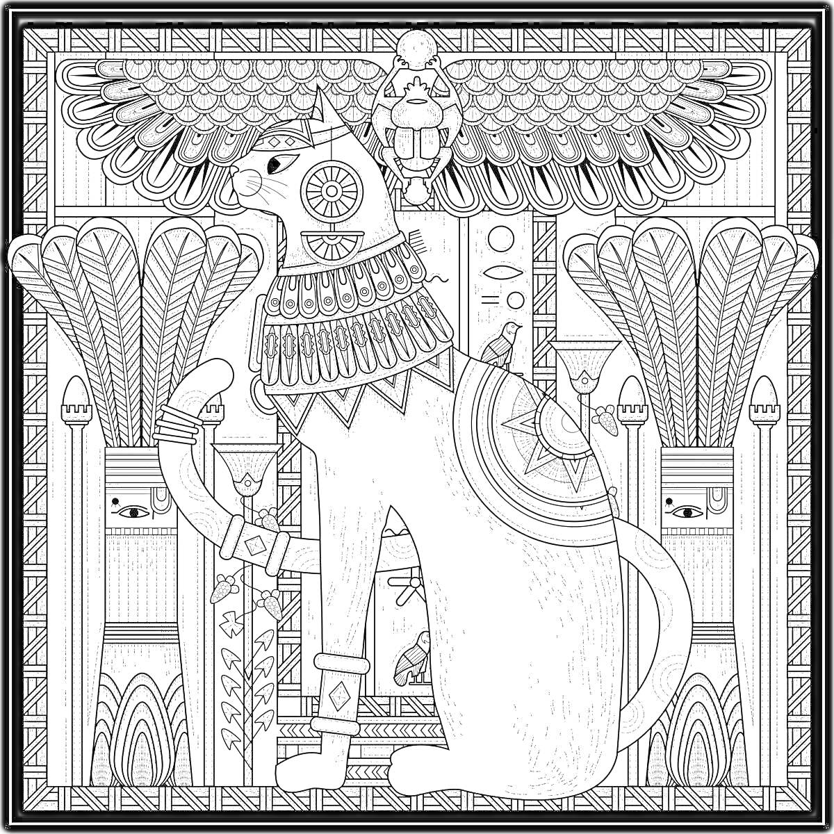 Раскраска Египетская кошка в украшениях на фоне лотосов и древнеегипетского орнамента