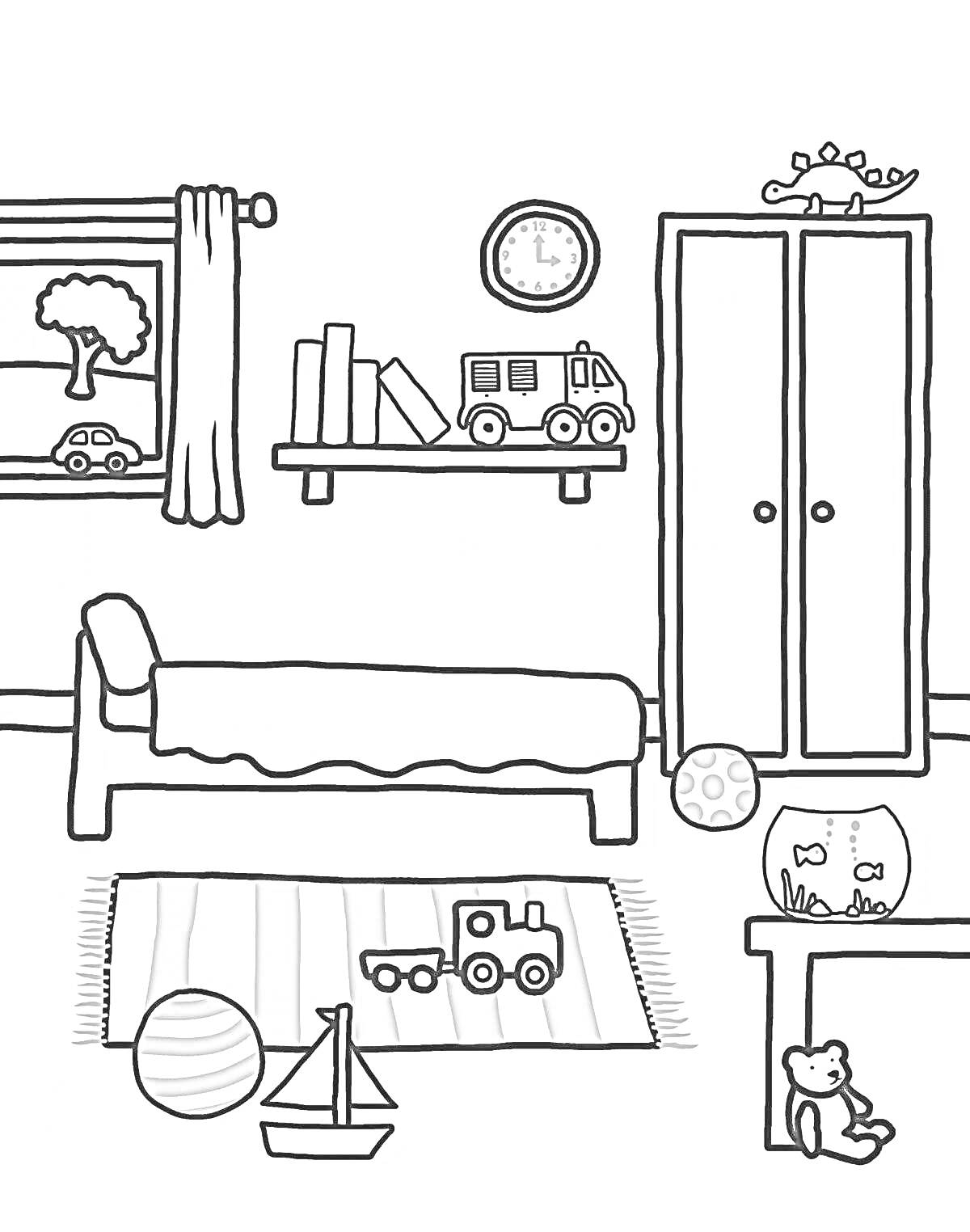 Раскраска Игровая комната с кроватью, ковриком, машинками, книгами, полкой, часами, аквариумом с рыбками, мячом, игрушечным медведем, шкафчиком и окном