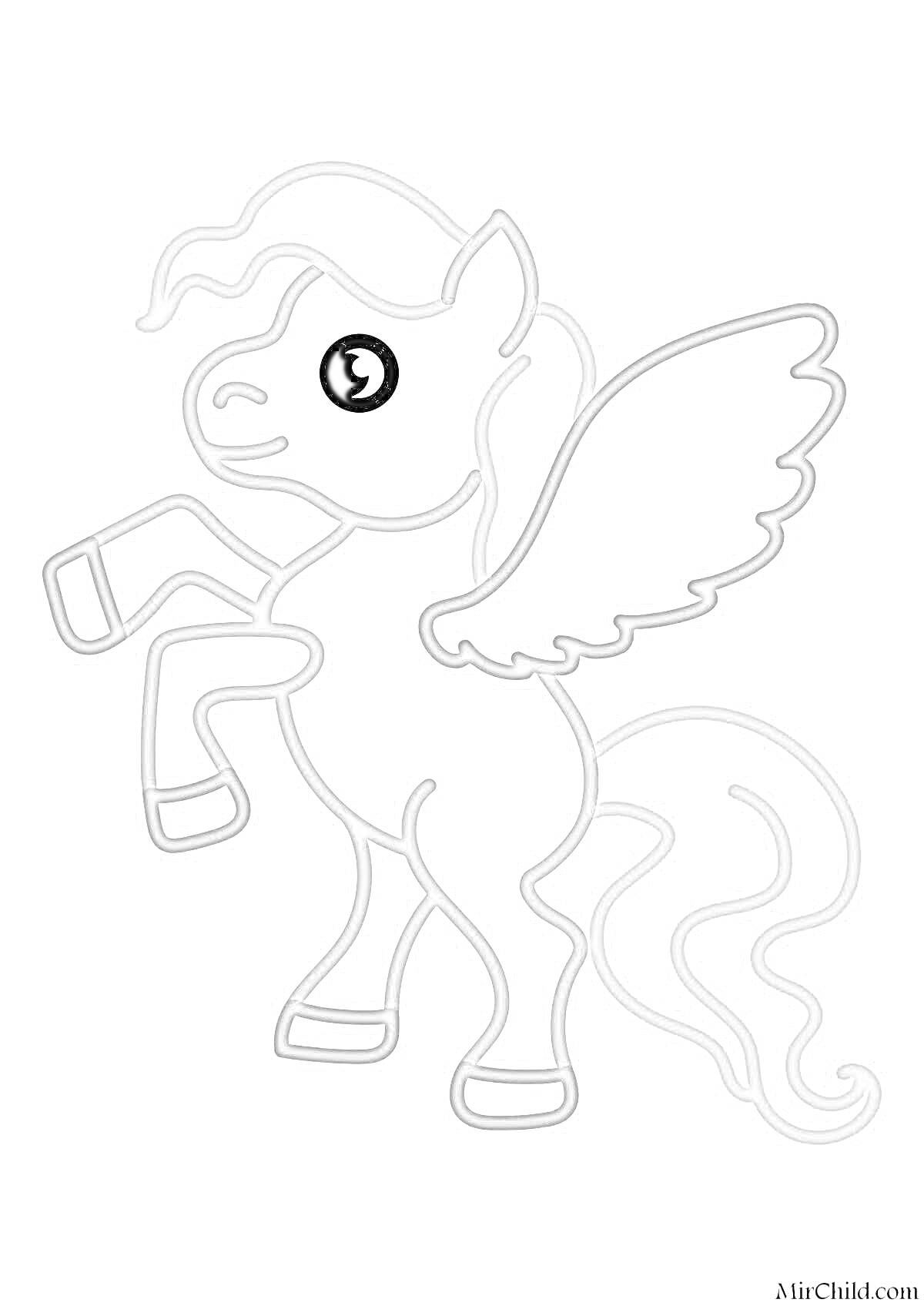 На раскраске изображено: Пегас, Лошадь, Для девочек, Крылья, Школа, Творчество