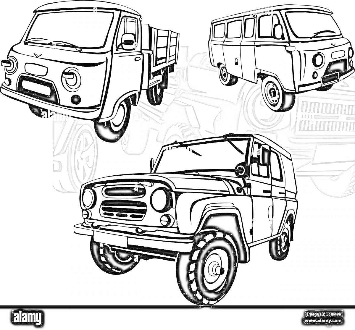 Раскраска Три УАЗ модели: пикап, фургон и внедорожник