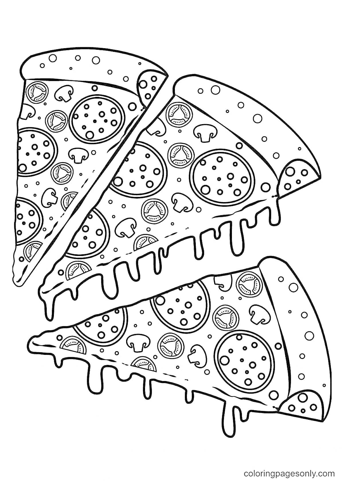 Раскраска Куски пиццы с начинкой из грибов и колбасы