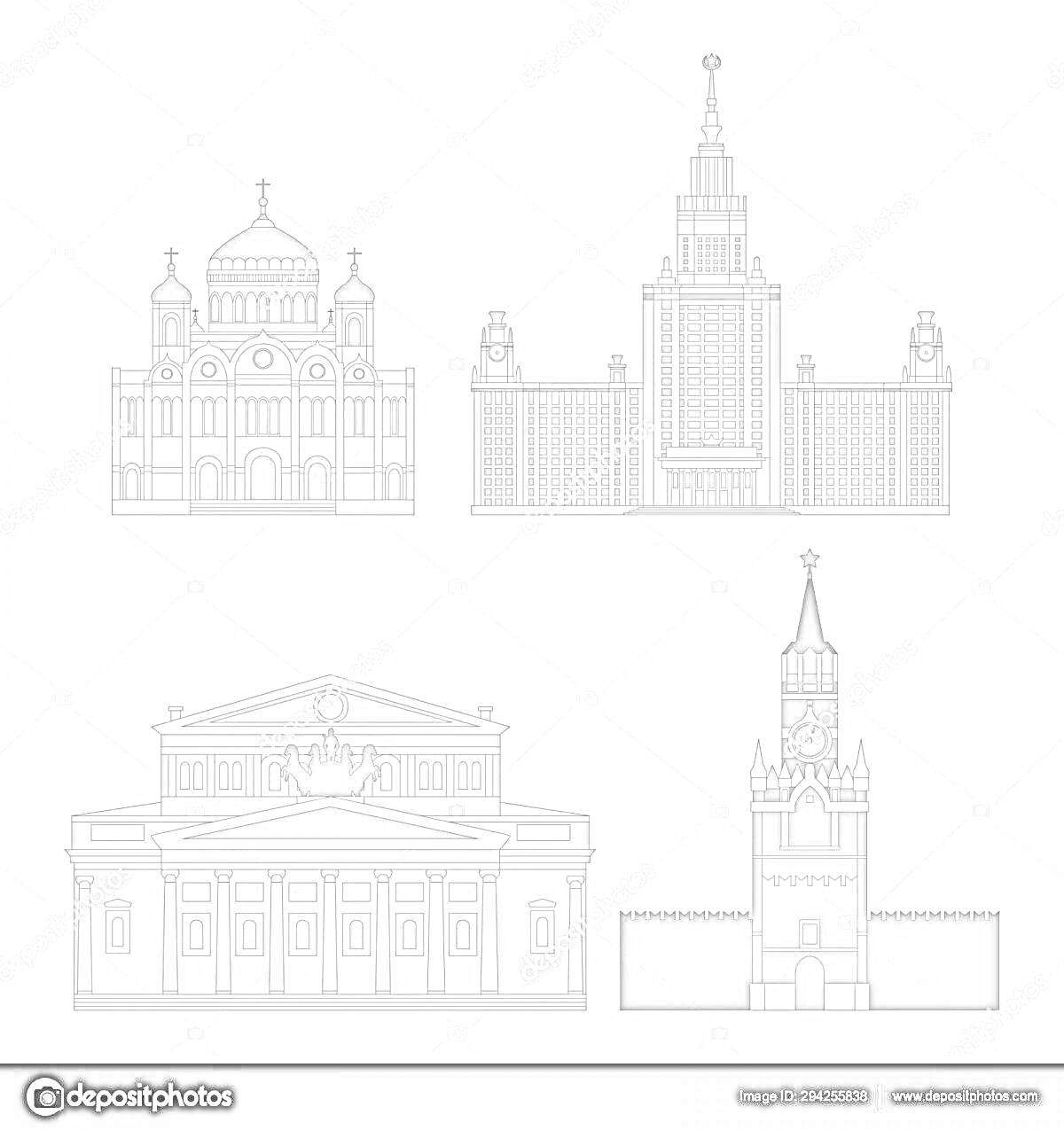 Раскраска Собор, главное здание МГУ, Большой театр, Спасская башня Кремля