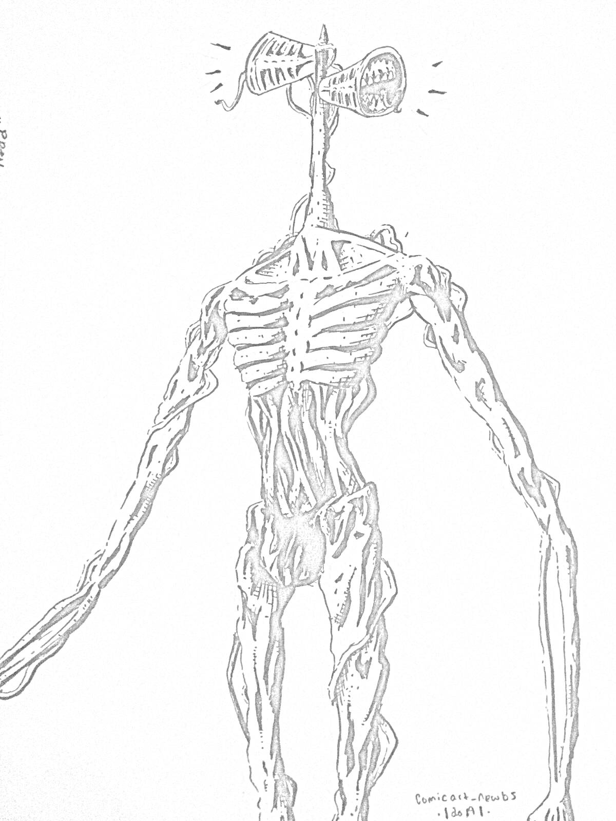 Раскраска Гуманоидное существо с сиренами вместо головы и с худым, вытянутым телом.