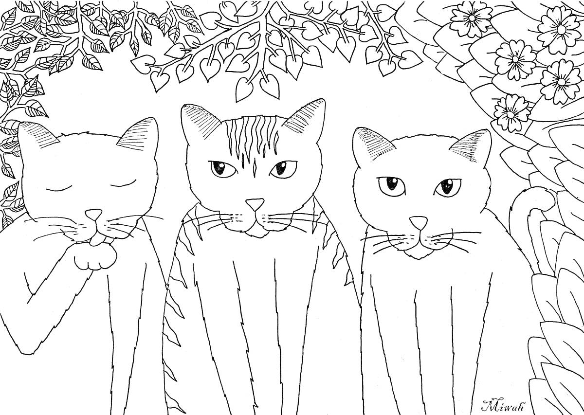 Раскраска Три кошки среди листьев и цветов