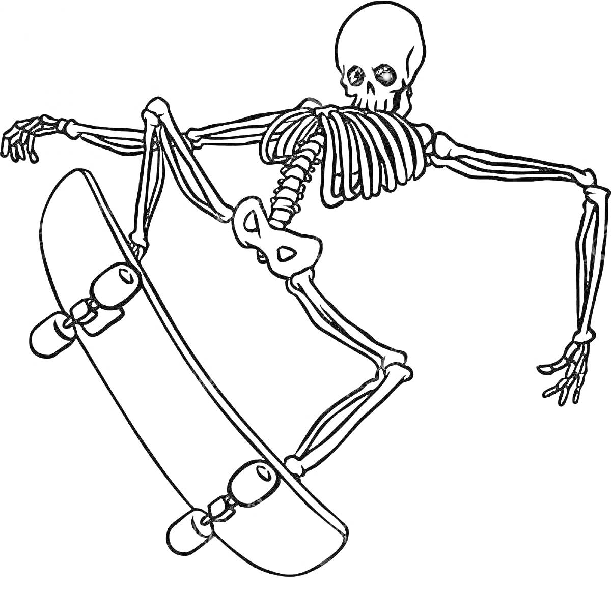 Раскраска Скелет на скейтборде в прыжке