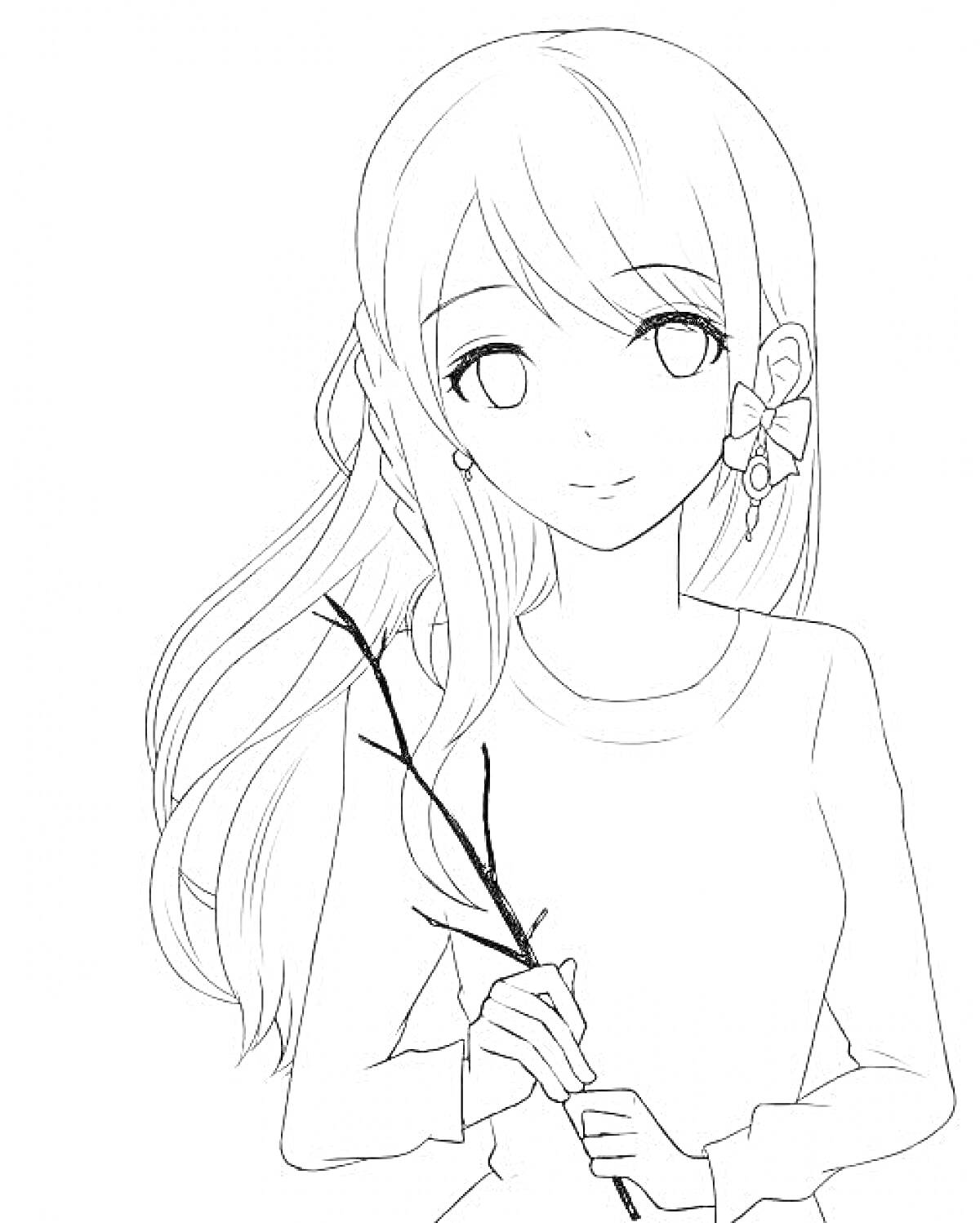 Раскраска Девушка с длинными волосами и веточкой в руках