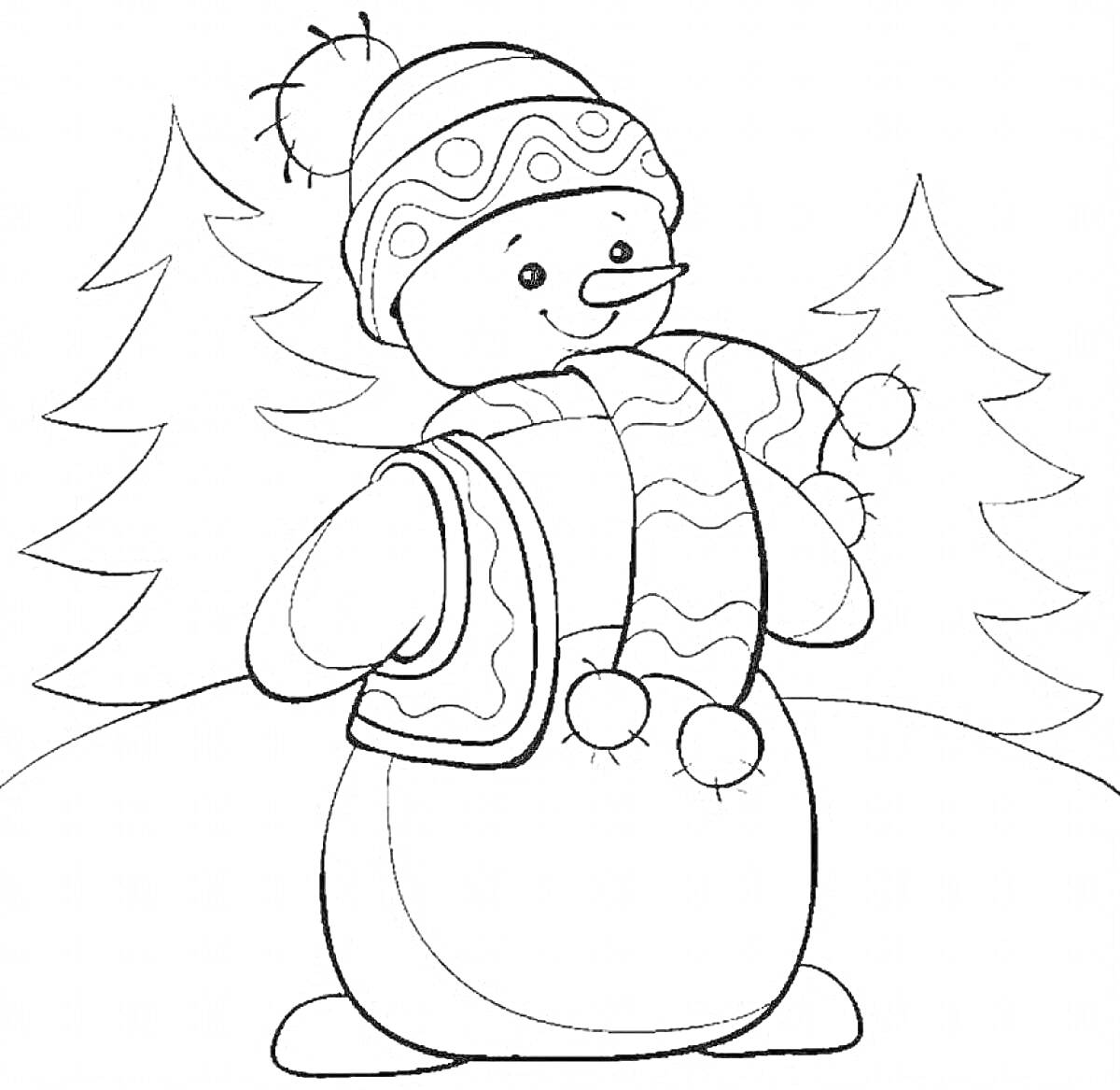 Раскраска Снеговик в шарфе и шапке на фоне елок