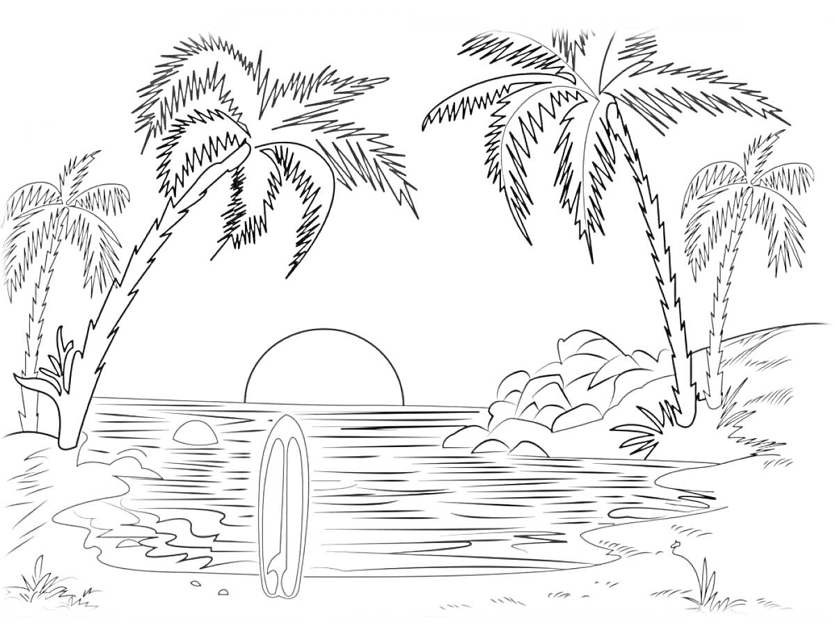 На раскраске изображено: Закат, Море, Пальмы, Доска для серфинга, Камни, Пляж, Природа