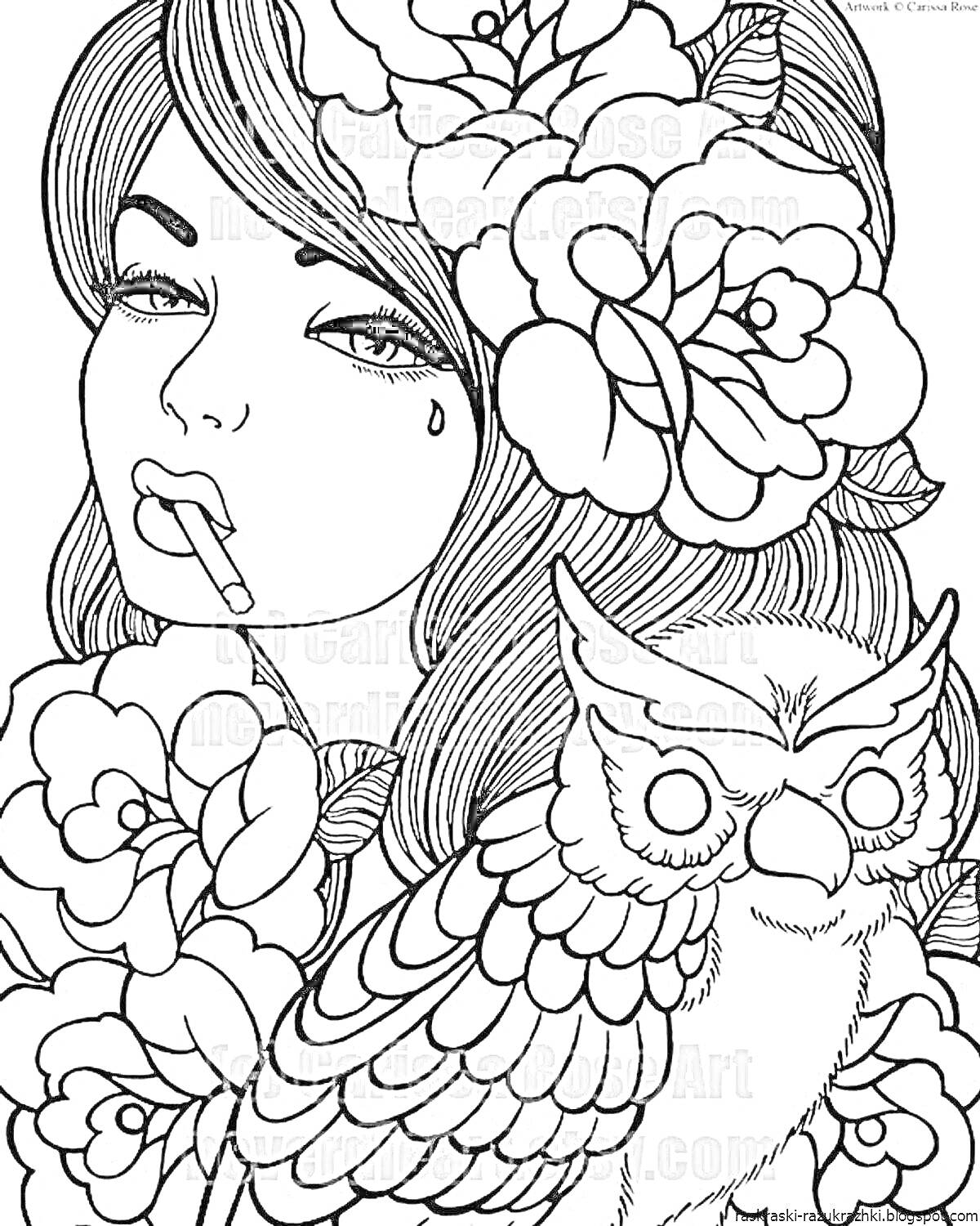 Раскраска Девушка с цветами и совой