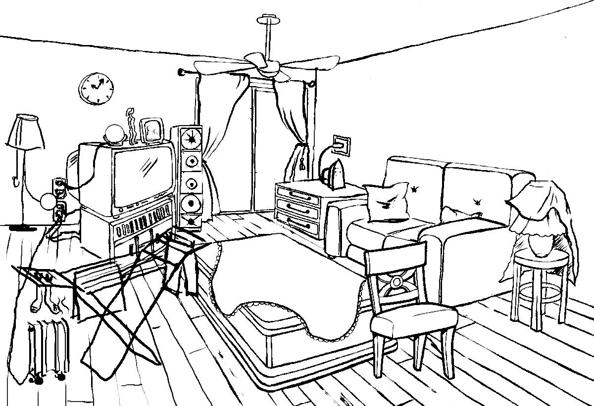 Гостиная с диваном, телевизором, столом и стульями