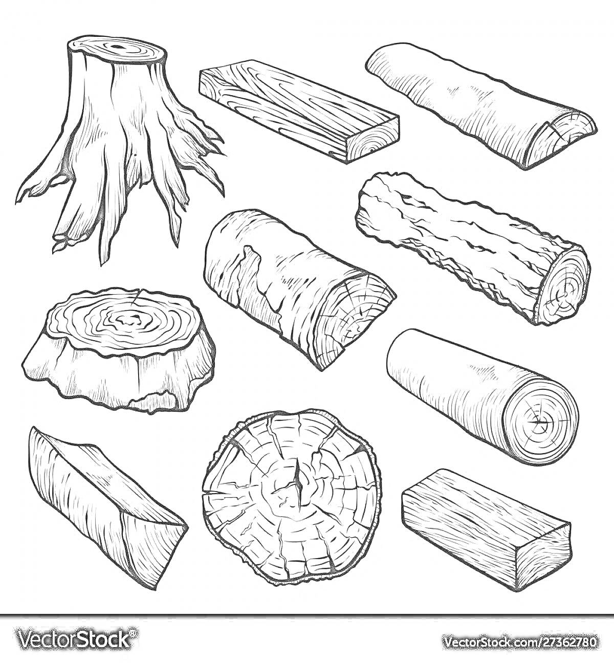 На раскраске изображено: Бревно, Пень, Доска, Древесина, Лесоматериалы