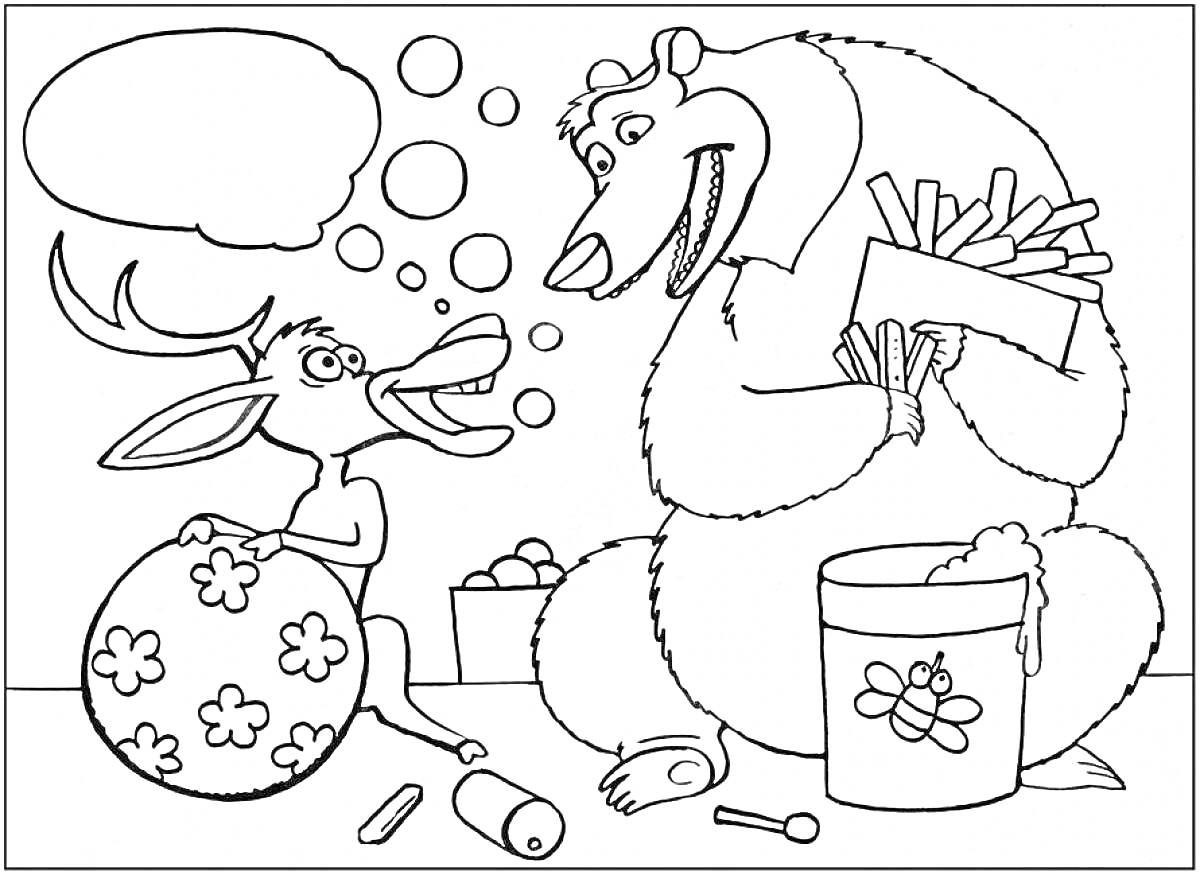На раскраске изображено: Олень, Медведь, Пузыри, Полотенце, Ведёрко, Мячи